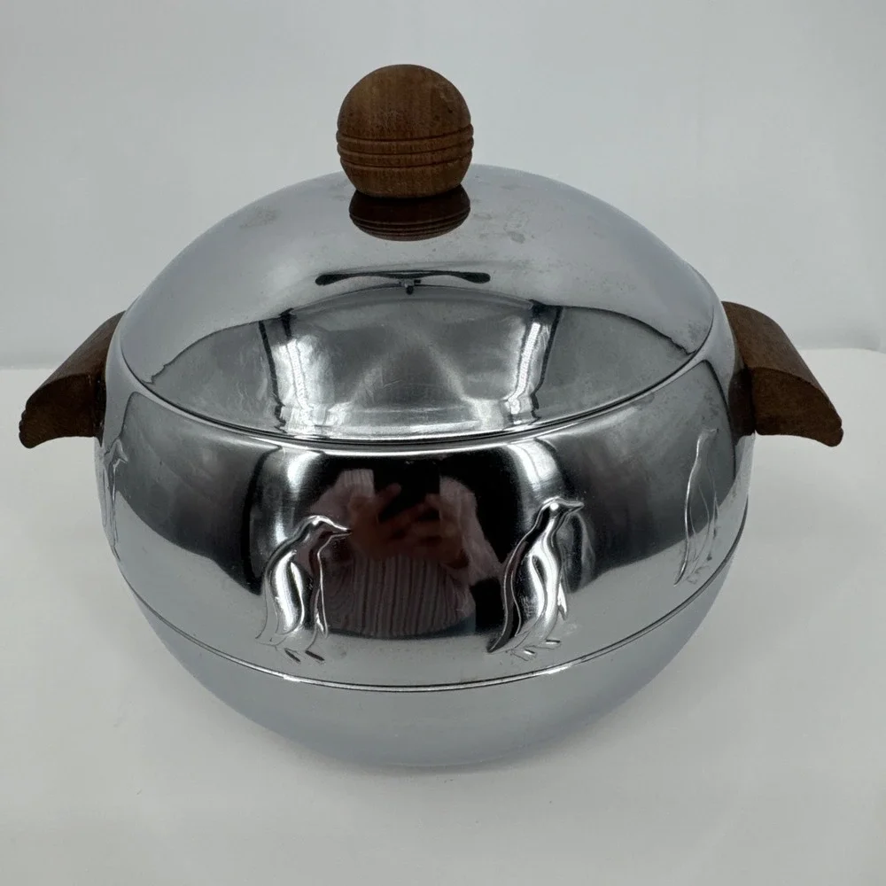 Vintage MCM Penguin Hot and Cold Server Dish Ice Bucket Chrome By West Bend
